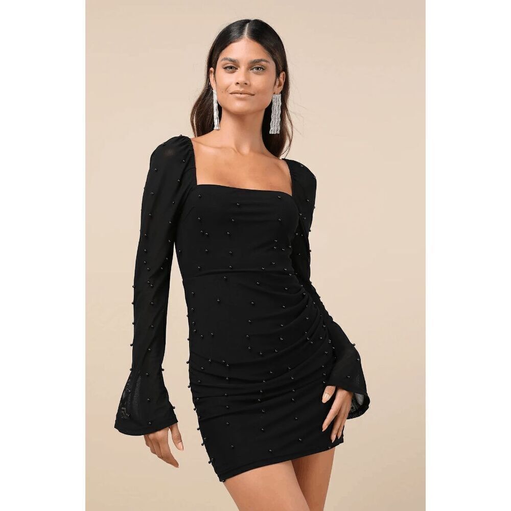 Lulus Flirty‎ Luxury Black Mesh Pearl Long Sleeve Mini Dress XS
